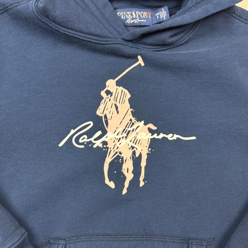 Ralph Lauren Pink Pony Hoodie Kids S Navy Pullover Sweatshirt‎ Girl Logo Script